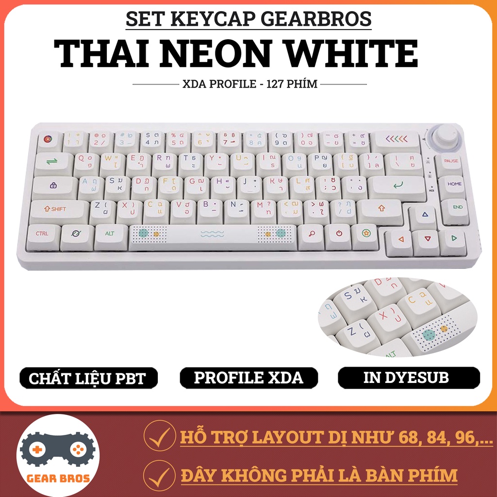 Keycap Thai White Neon Cho Bàn Phím Cơ Chất Liệu PBT Profile XDA In Dyesub 127 Phím | Gearbros