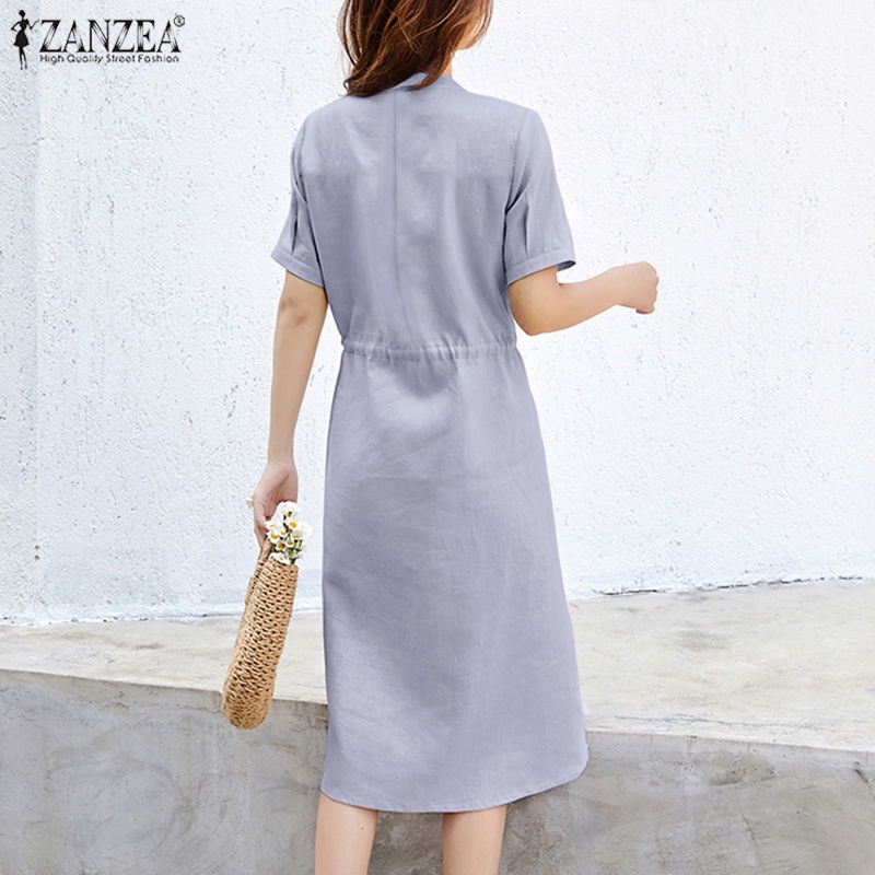Đầm midi Zanzea tay ngắn cổ chữ V lưng thun rút dây thời trang dành cho nữ