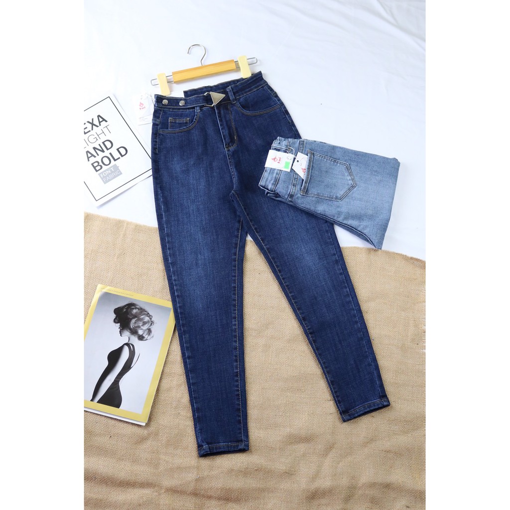 [ FREESHIP, HÌNH THẬT ] QUẦN SKINNY JEAN NỮ LƯNG CAO MÀU XANH KHOEN TAM GIÁC PHỐI 2 NÚT BẤM SIÊU CÁ TÍNH ĐỦ SIZE