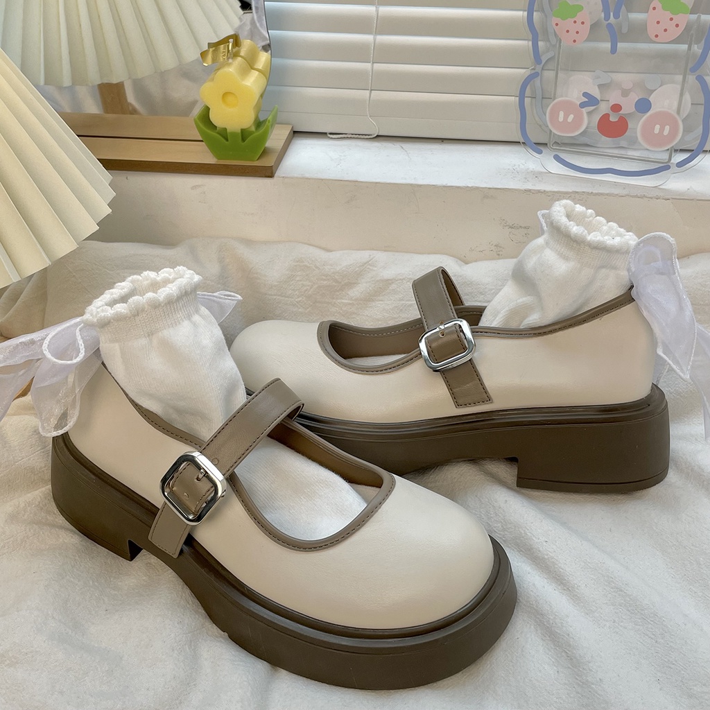 Giày búp bê nữ - Giày Mary Jane tiểu thư đơn giản phối nâu chuẩn hàng quảng châu