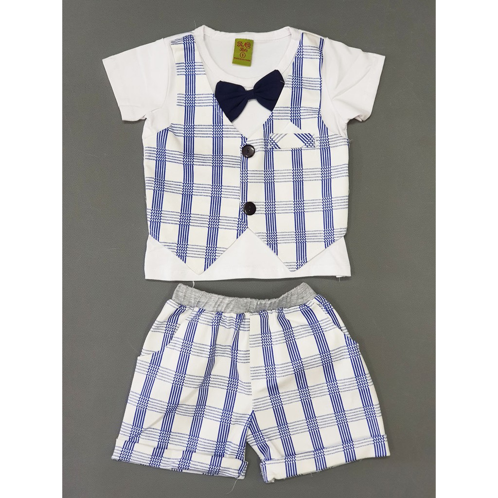 Bộ vest gile sọc caro xanh cho bé trai nhỏ diện lễ tết