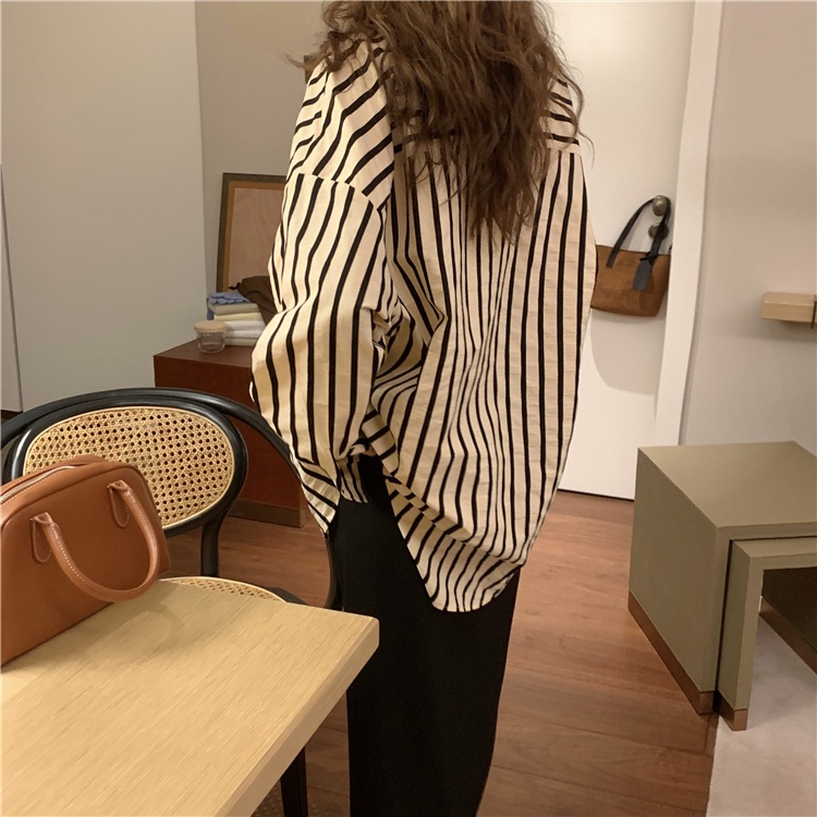 Porozi  Áo sơ mi  tay dài dáng rộng kẻ sọc phong cách Hàn Quốc dễ phối đồ dành cho nữ