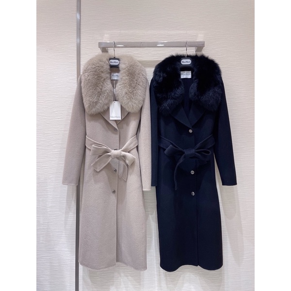 Áo khác dạ nữ dáng dài cổ vest kèm cổ lông xù to có thể tháo rời thương hiệu Max Mara cao cấp