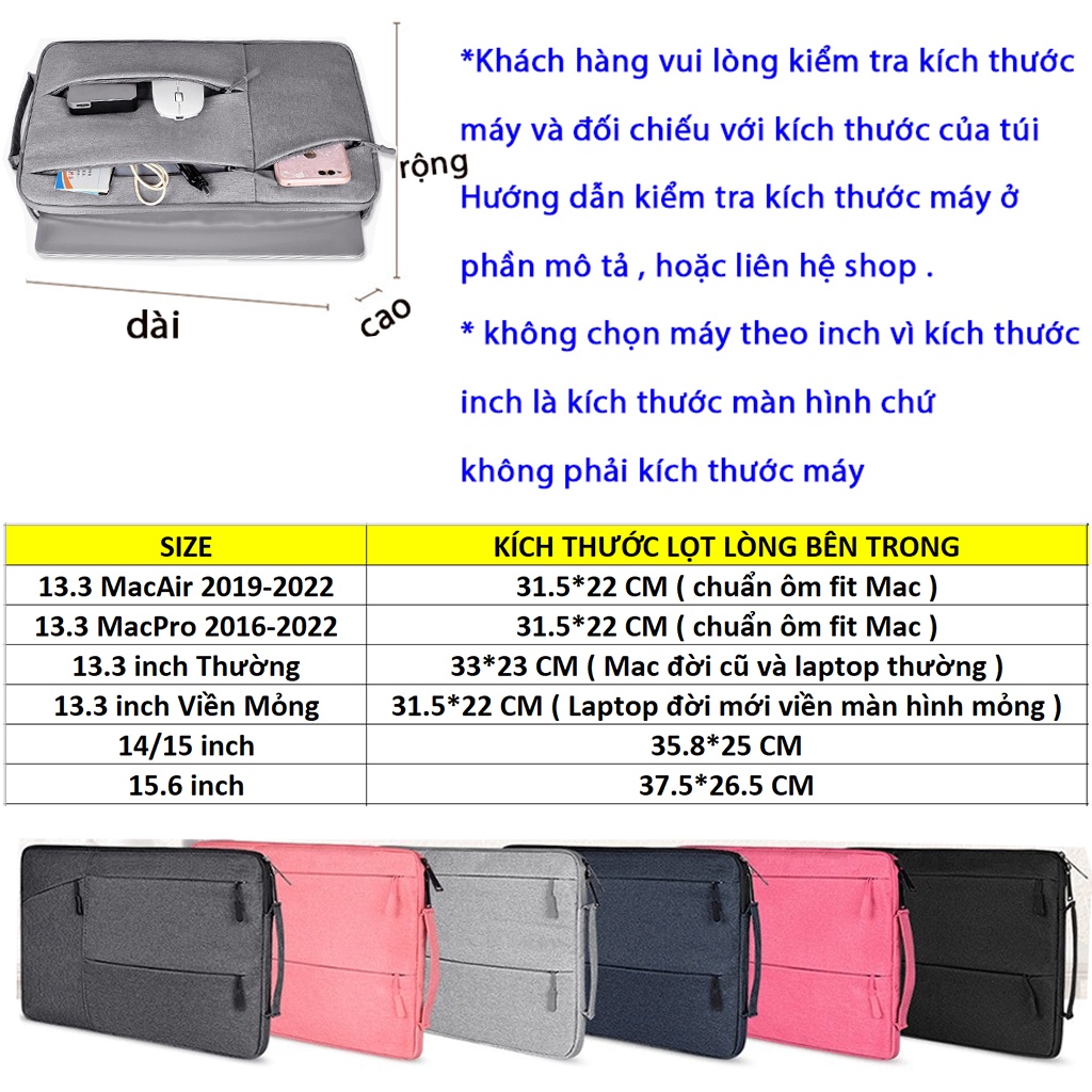Túi Đựng Laptop Chống Nước Ôm Gọn Máy, Túi Chống Sốc Mac Book Có Qoai Xách Nhiều Ngăn Dành Cho Máy Tính 12 13 - 15.6inch