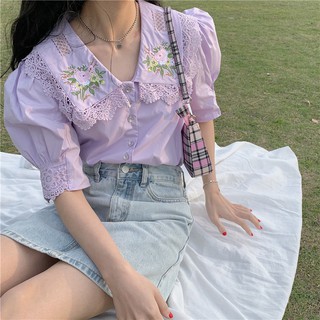 Áo sơ mi trắng tay phồng nhẹ cổ thêu hoa xinh xắn (có hình thật)