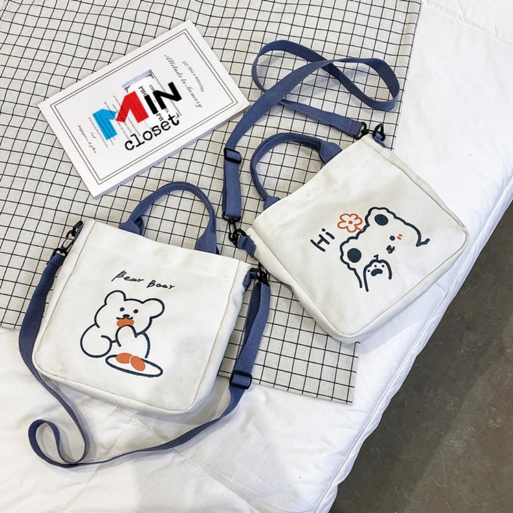 Túi Xách nữ  𝑭𝑹𝑬𝑬𝑺𝑯𝑰𝑷  Túi vải tote họa tiết hoạt hình gấu uống trà sữa túi canvas cực dễ thương siêu nhẹ HOT HIT T31