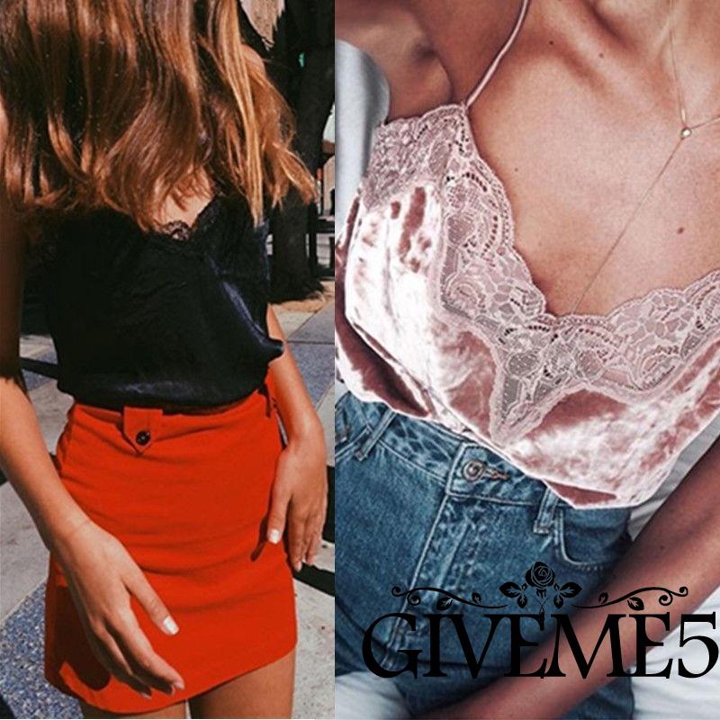 Áo nhung hai dây cổ V phối ren quyến rũ cho nữ