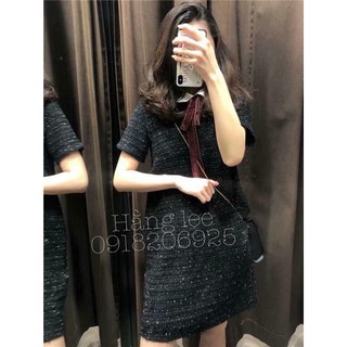 Váy phối cổ sơ mi nơ đỏ