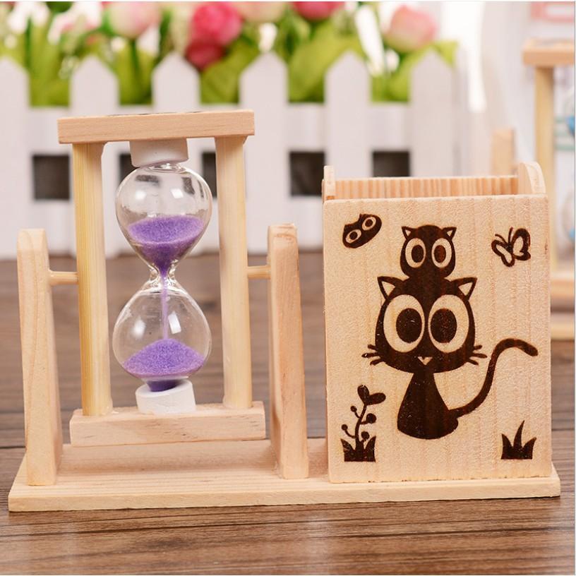 Đồng hồ cát kèm ống đựng bút gỗ 1 ngăn VUÔNG, ống đựng bút để bàn trang trí