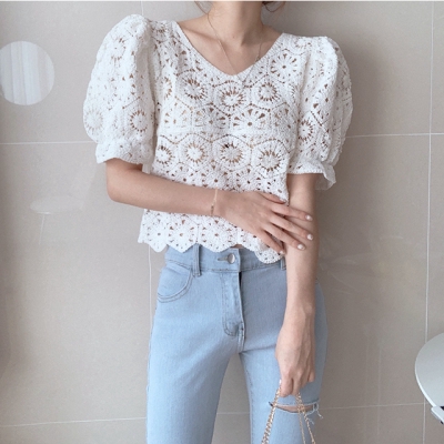 SUXI Áo cánh tay phồng ngắn dạng đan phong cách mùa hè