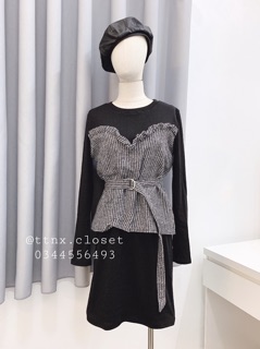 SALE OFF Váy dạ kẻ thắt eo TTNX