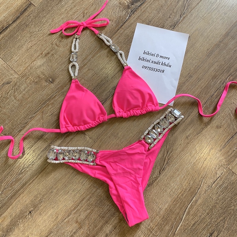 [BKN1184] &lt;ÂU&gt; SET BIKINI MIX ĐÁ HÔNG QUAI KIM LOẠI HỒNG/XANH MINT (CHUN MÔNG)