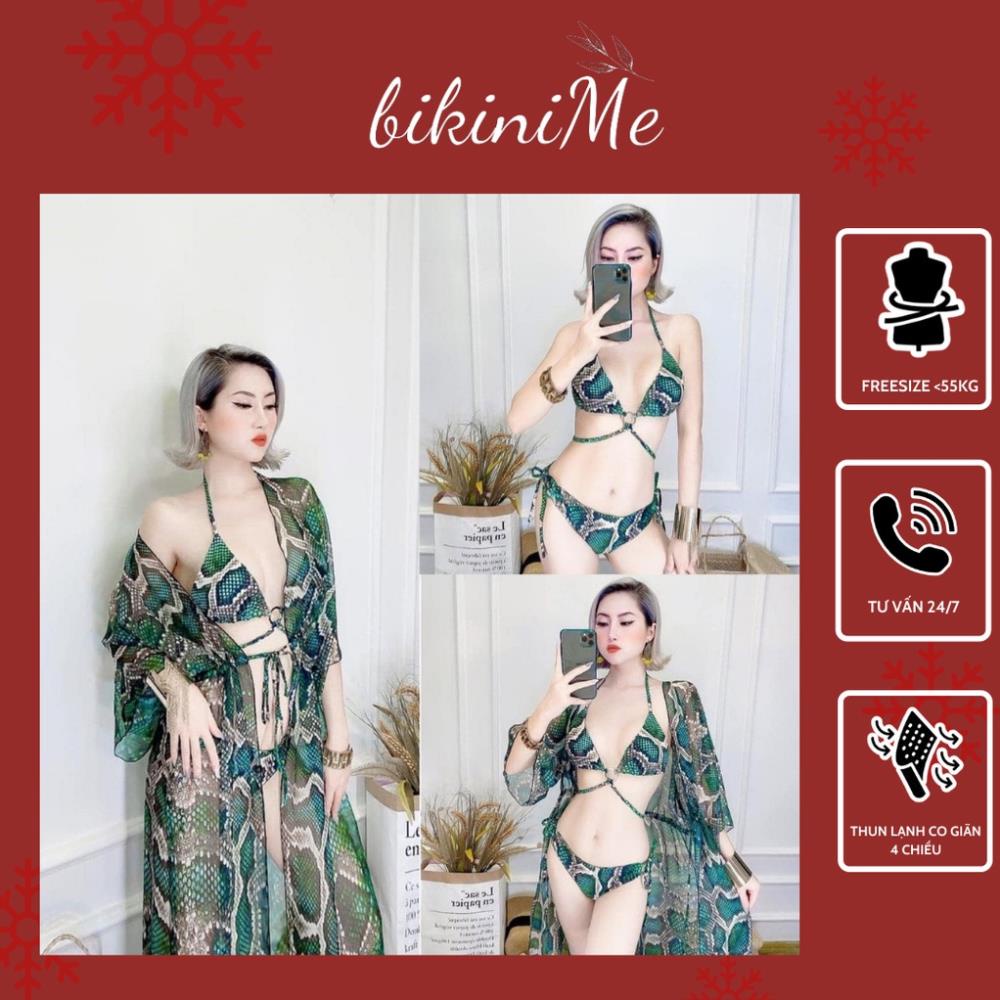 Bikini Đồ Bơi Nữ 2 Mảnh Áo Choàng Khoác Ngoài Đồ Bơi Nữ Họa Tiết Rắn Vằn Xanh R39 ❕