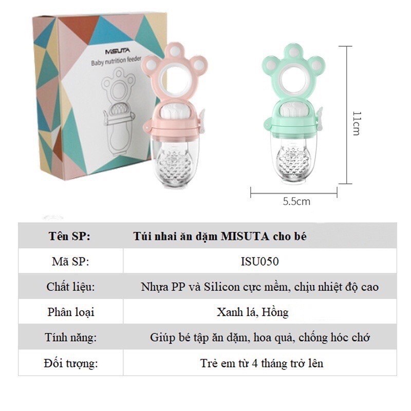 Túi nhai ăn dặm Misuta cho bé, có 3 núm nhai theo tháng tuổi cho bé ăn trái cây, hoa quả chống hóc...