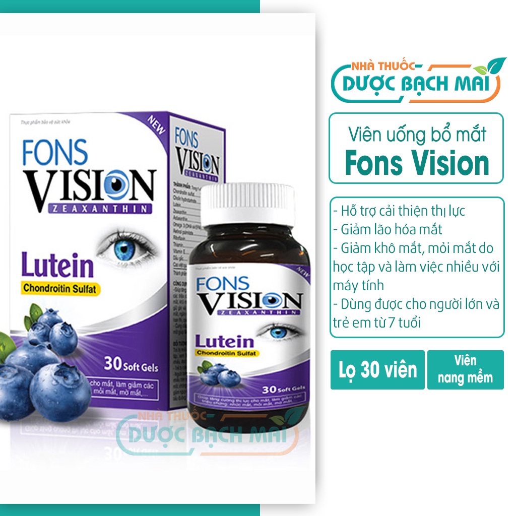 Viên uống bổ mắt Fons Vision cung cấp vitamin chăm sóc sức khỏe cho mắt sáng hết khô nhức mỏi mắt - Hộp 30 viên