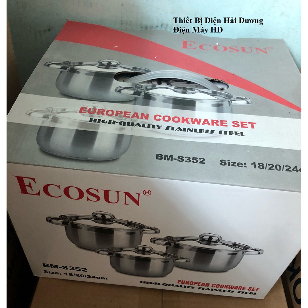 Bộ 3 nồi inox Ecosun BM-S352 - Thân inox , Nắp inox - Bảo hành 12 tháng
