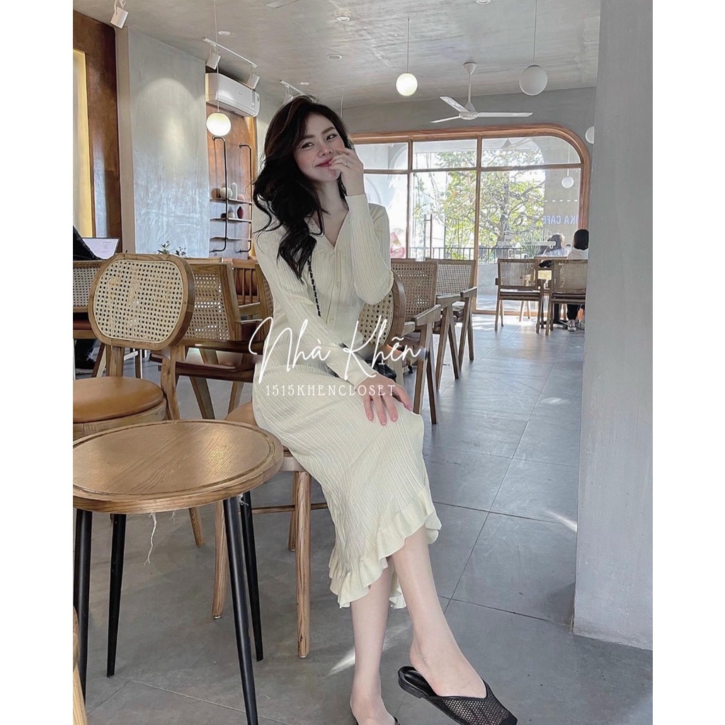 Đầm len khuy chân bèo 3 màu đen,nâu, trắng