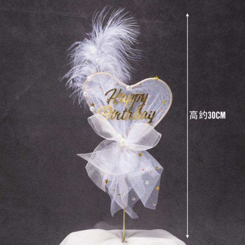 Phụ kiện trang trí bánh kem hình trái tim đính lông vũ thiết kế sang trọng