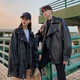 (SẴN) Áo khoác da mỏng unisex dáng rộng cổ vest khuy kim loại khóa chéo sành điệu (Ms A35)