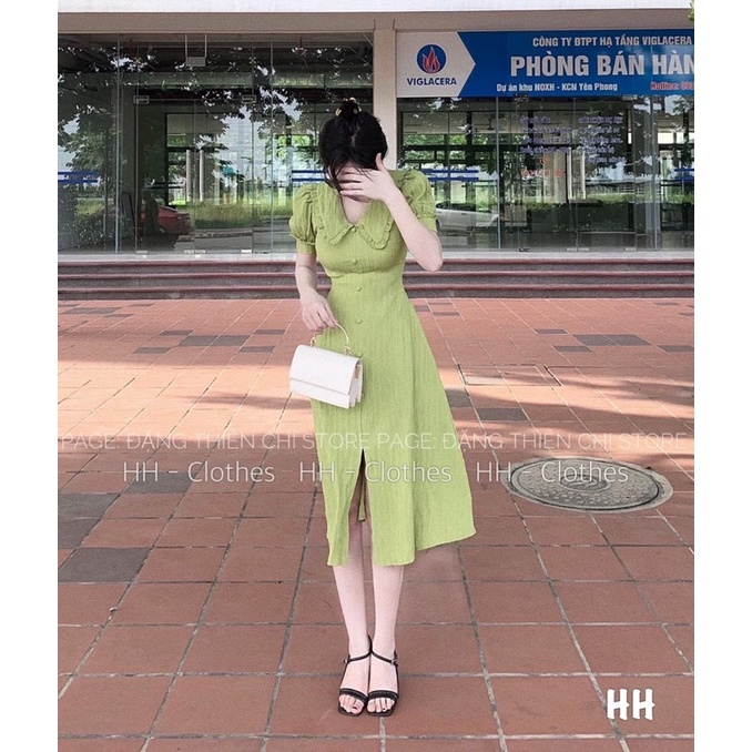 Váy cổ sen pha bèo cúc bọc dáng dài xẻ tà trước siêu xinh