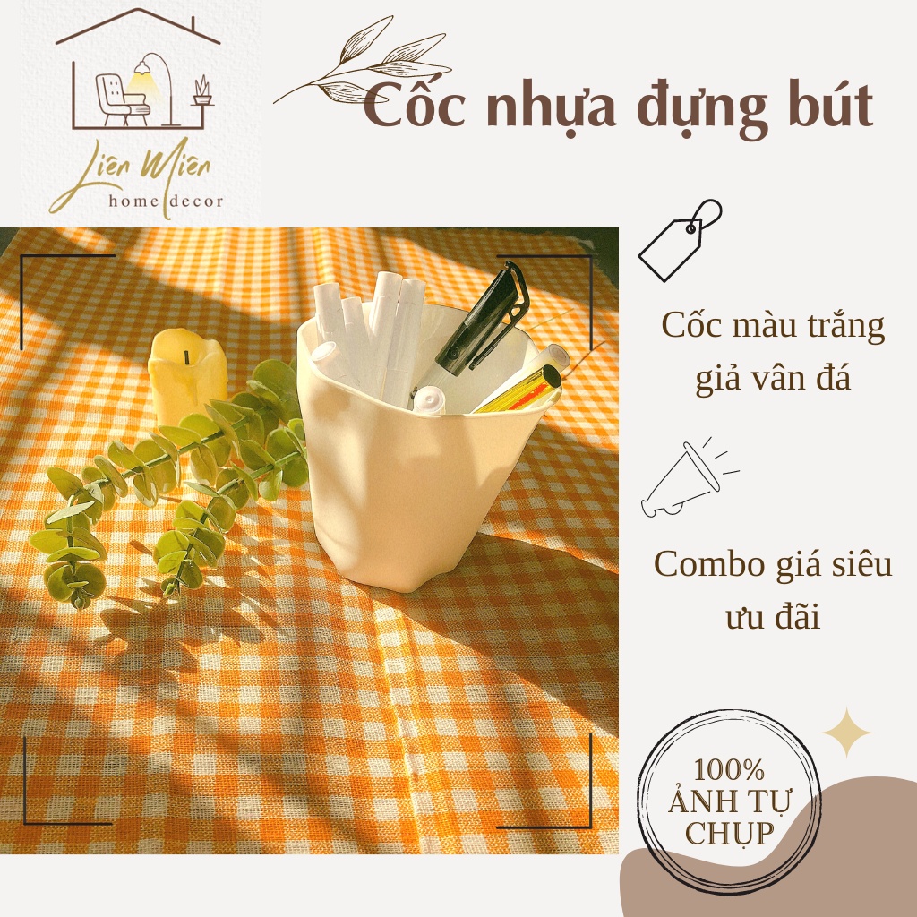 Ống cắm bút, cốc nhựa đựng bút trắng giả vân đá, thiết kế độc đáo trang trí bàn học phong cách Hàn Quốc