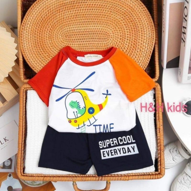 Bộ cộc tay bé trai Minky mom thun lạnh họa tiết hoạt hình