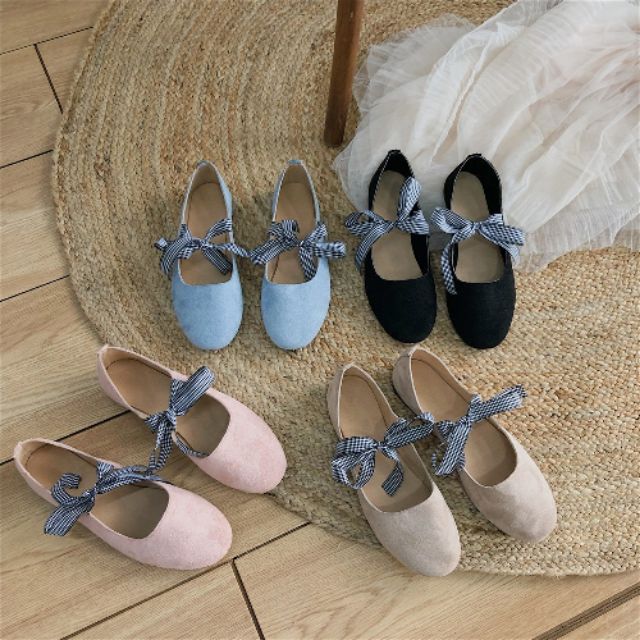 Giày Bệt Búp Bê Nữ Thắt Nơ caro Duyên Dáng