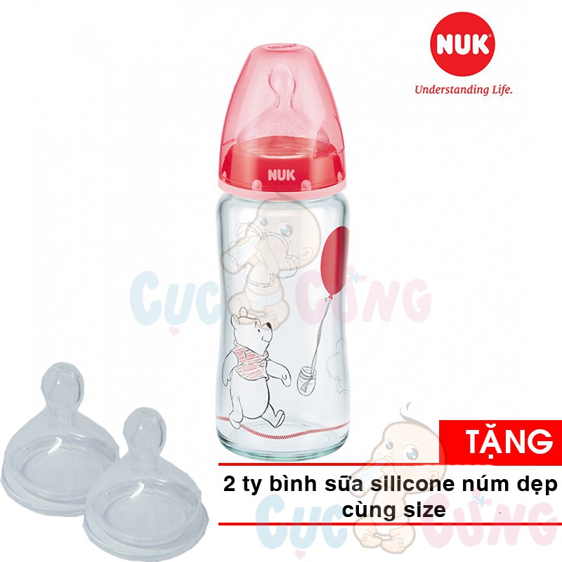 Bình sữa NUK cổ rộng thủy tinh Disney 240ml - Ty Silicone 1M NU34426 Tặng 2 ty bình sữa