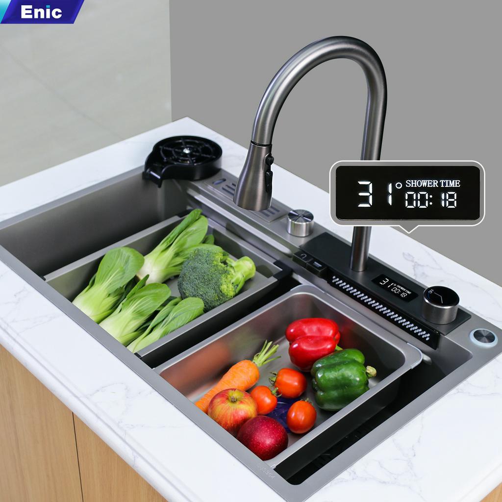 Bồn rửa chén thông minh Enic K2 - Chậu rửa inox 1 ngăn lớn, vòi phun thác nước hiện đại, màn hình LED hiển thị nhiệt độ