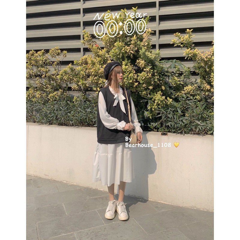 [RẺ VÔ ĐỊCH] sét đầm vintage dáng ullzang trắng nơ ngực🎀đầm nữ🦋váy babydoll tay bồng dáng suông có lót trong kèm gile | BigBuy360 - bigbuy360.vn
