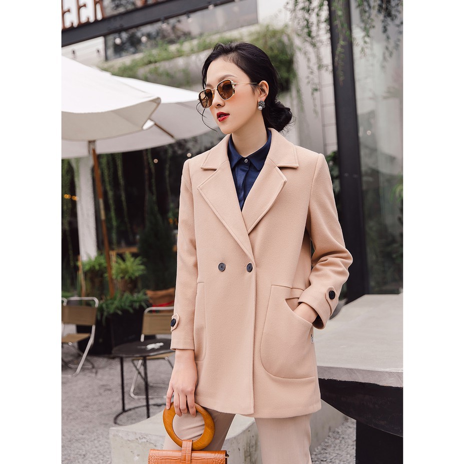 Áo khoác dạ cúc bấm 20AGAIN, dáng dài, cổ vest, dạ lì KDA1502
