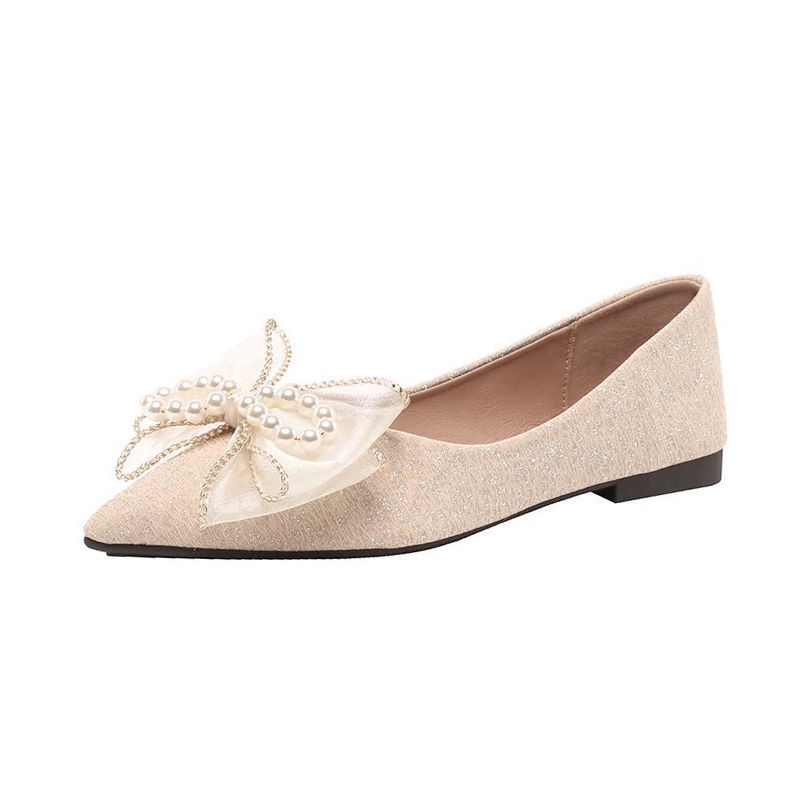 Giày búp bê mũi nhọn đính nơ ngọc trai đế bằng thiết kế thời trang cho nữ