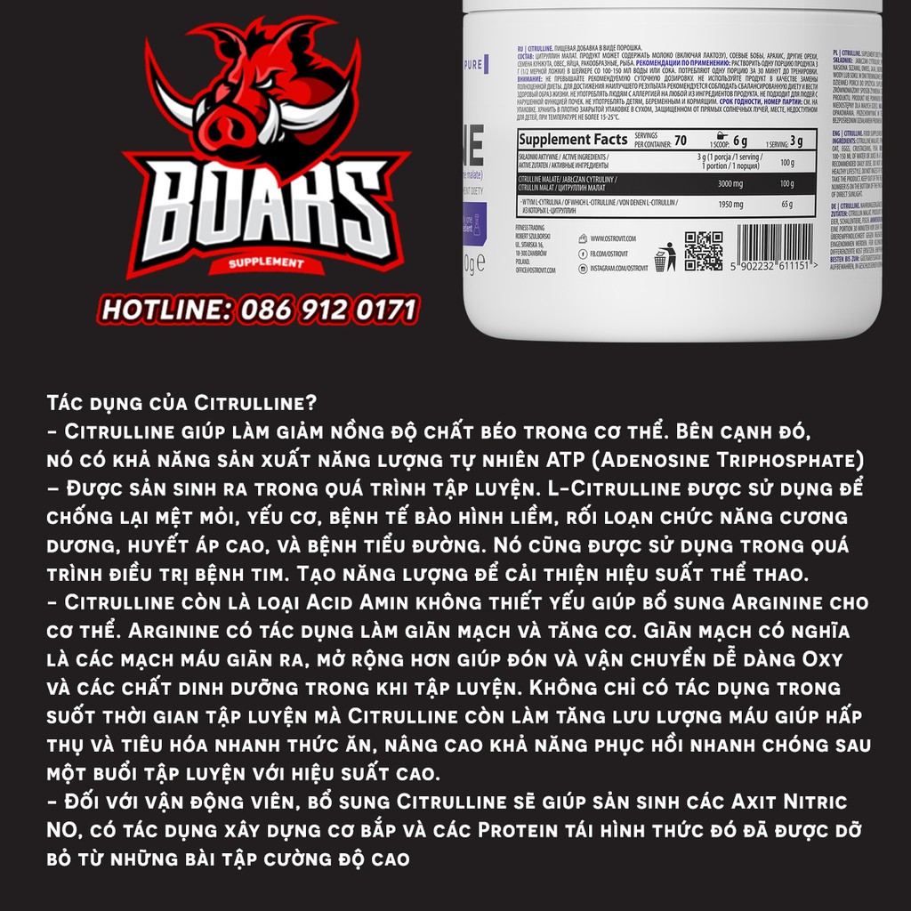 CITRULLINE - BƠM MÁU, TĂNG SỨC MẠNH CƠ BẮP TRƯỚC KHI TẬP CỦA HÃNG OSTROVIT