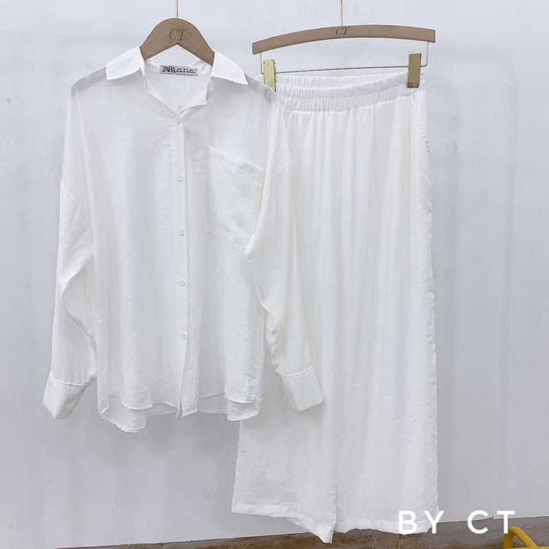 SET áo sơ mi quần ống rộng vải đũi màu trắng