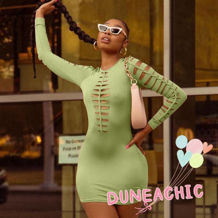 DUNEA Đầm tay dài màu trơn thời trang gợi cảm dành cho nữ