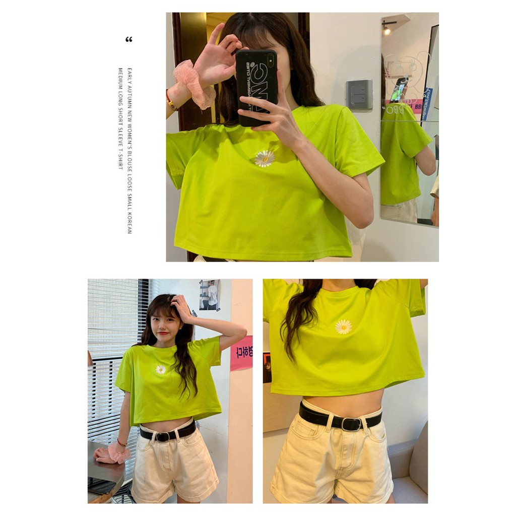 ÁO THUN NỮ CROPTOP TAY NGẮN CỔ TRÒN THÊU HÌNH BÔNG CÚC NHỎ XINH XẮN KIỂU HÀN 2020 PF309A | BigBuy360 - bigbuy360.vn