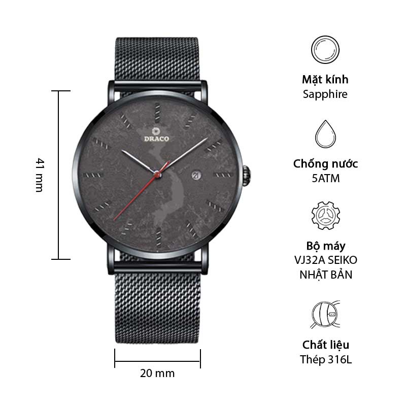 Đồng hồ nam Draco D22-ST03 &quot;Vietnamese Boy&quot; ĐEN - thời trang nam
