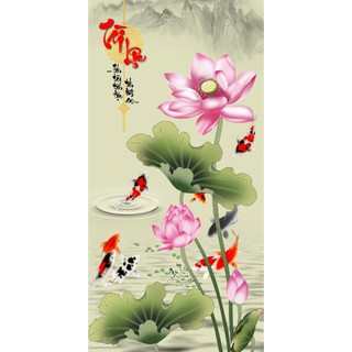 Tranh dán tường HD Cá chép hoa sen Tài Lộc HUD720 KT 128 x 208 cm