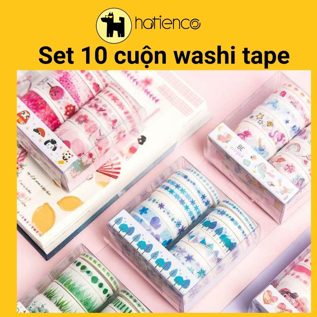 Set 10 cuộn washi tape, băng keo giấy hoa văn dễ thương