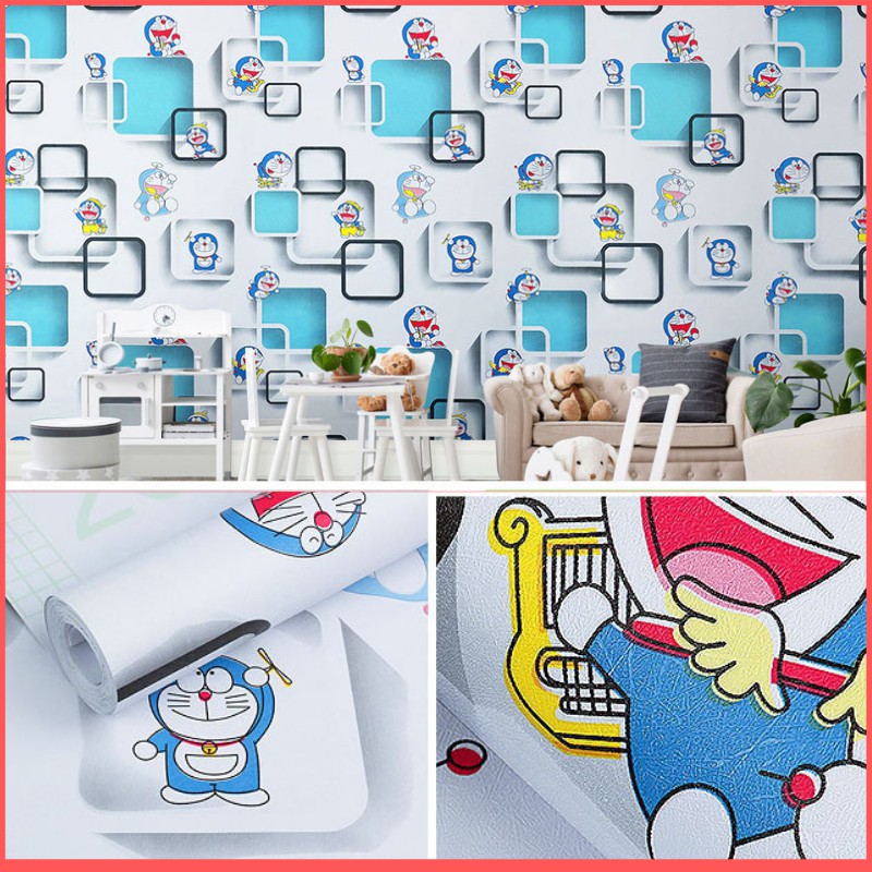 Giấy dán tường Doremon ô vuông xanh có keo sẵn khổ 45cm (giá 1m dài), giấy decal dán tường Doremon phòng ngủ cho bé | BigBuy360 - bigbuy360.vn