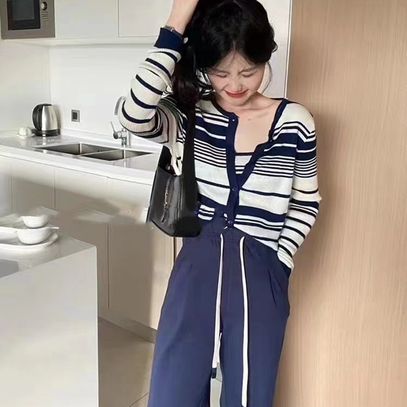 SUXI Áo Cardigan Dệt Kim Hai Mảnh Dáng Ôm Kẻ Sọc Thời Trang Mùa Thu Phong Cách Hàn Quốc Cho Nữ