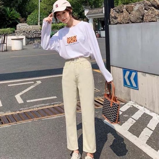 Quần jean form Unisex nam nữ màu kem phong cách cá tính thời trang Hàn Quốc | BigBuy360 - bigbuy360.vn