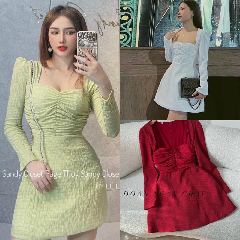 sẵn xanh ĐẦM XỐP TRẮNG NHÍU NGỰC CỔ VUÔNG TAY DÀI 3M