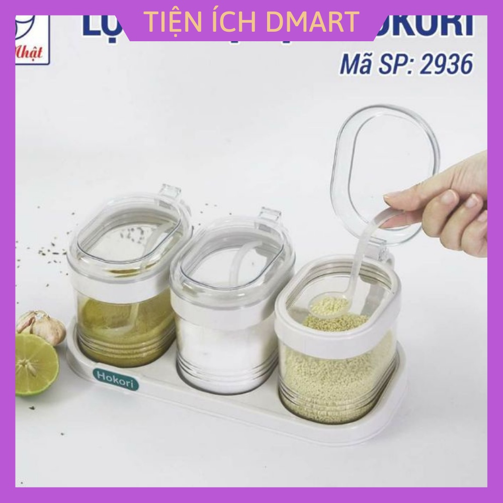 set 3 hũ đựng gia vị HOKORI nhựa trắng trong suốt kèm muỗng dung tích 700ml