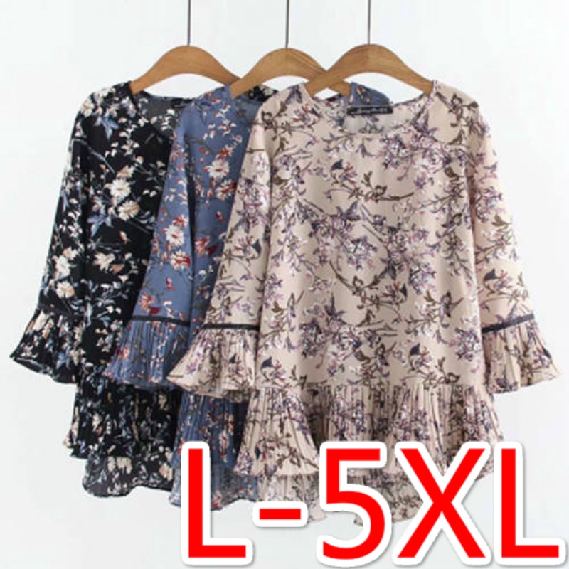 Áo Kiểu Tay Loe 3 / 4 Dáng Rộng In Hoa Phong Cách Hàn Quốc Thời Trang Cho Nữ Size M-4XL