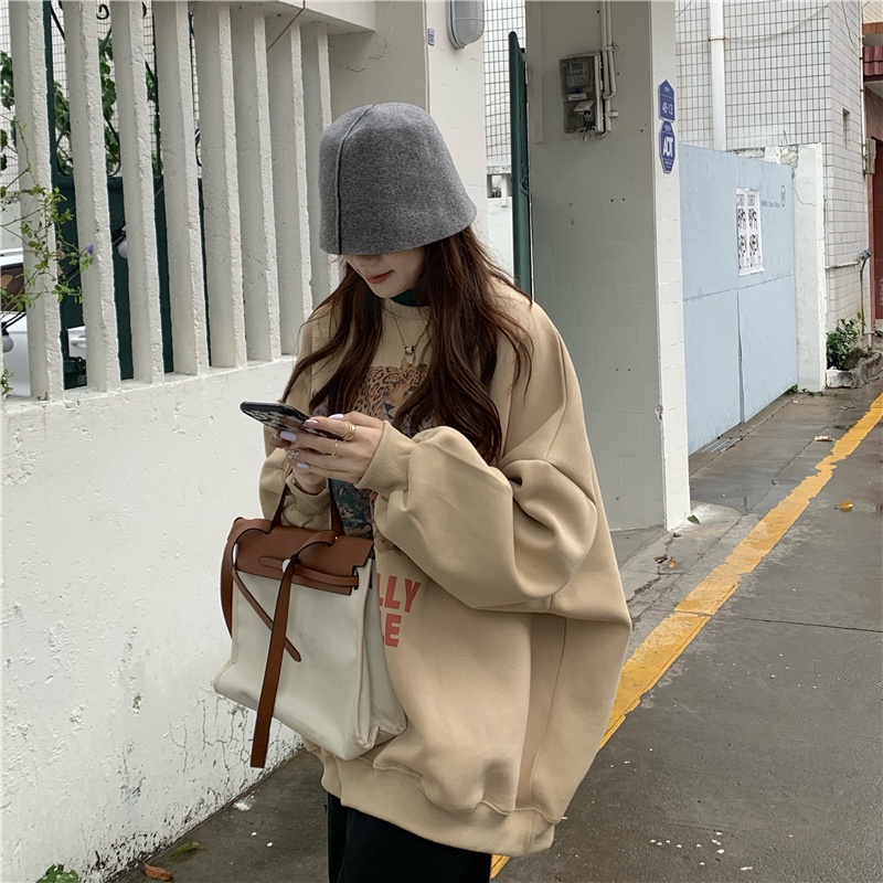 QOEDDV Áo sweater cổ tròn tay dài dáng rộng in họa tiết phong cách Mỹ thời trang cổ điển cho nữ