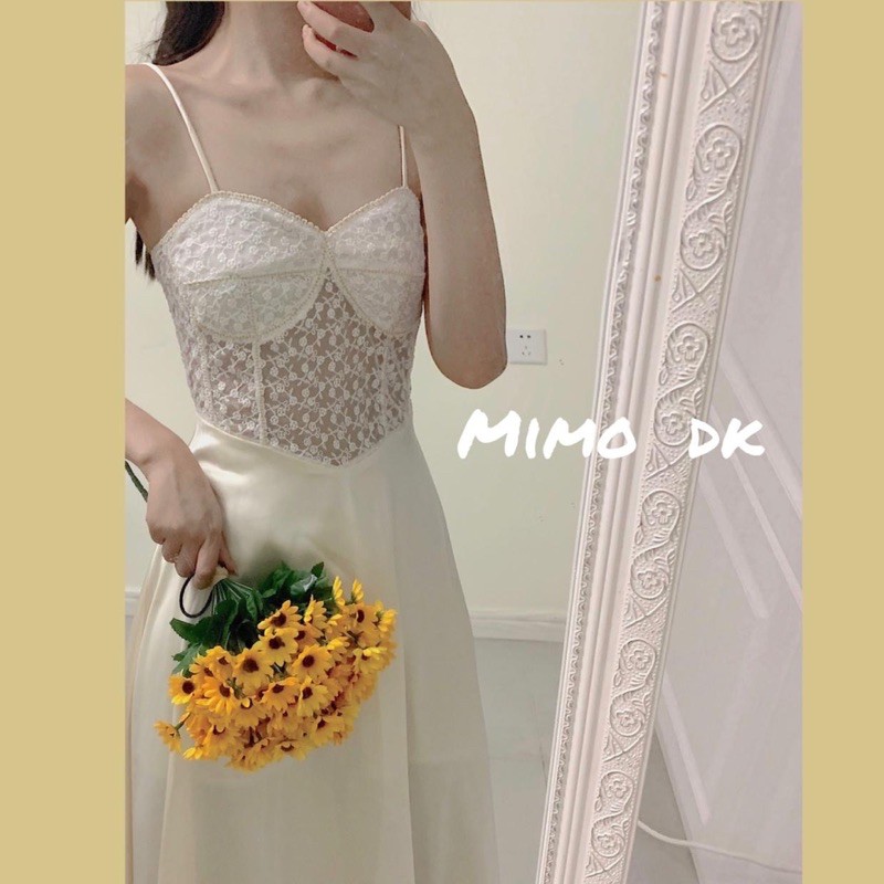 SẴN HÀNG🎀Đầm dự tiệc hai dây lụa satin phối ren hoa ngực hàng thiết kế cao cấp| Đầm tiểu thư Pariss dress du lịch retro