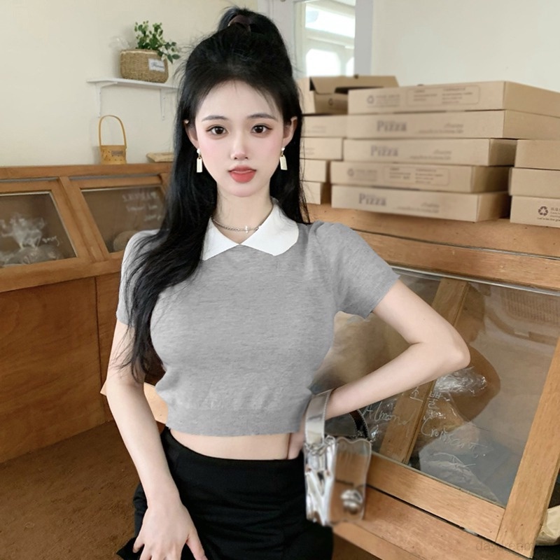 Áo Croptop Dệt Kim Tay Ngắn Cổ Búp Bê Màu Sắc Tương Phản Thời Trang Cho Nữ