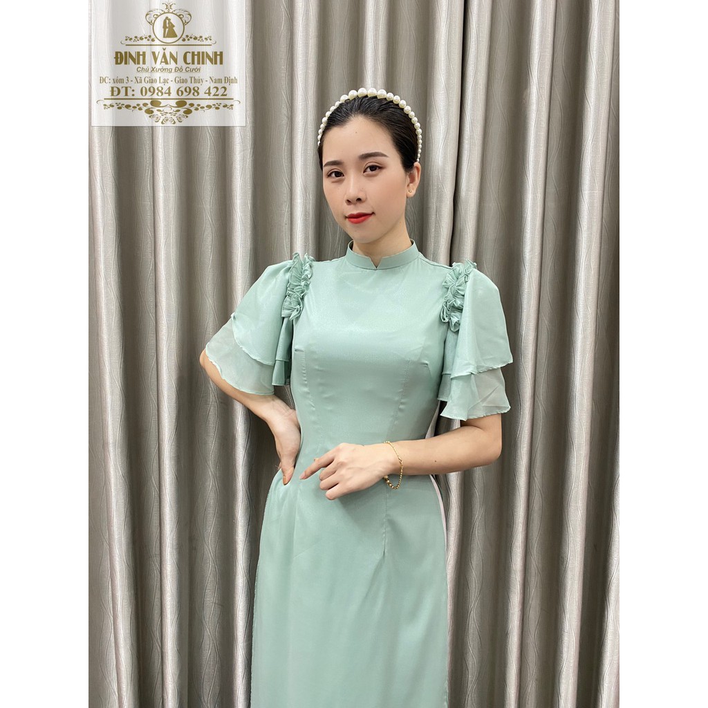 Áo dài tay bồng cánh tiên truyền thống_duy chinh-ADTG00022_tông màu xanh