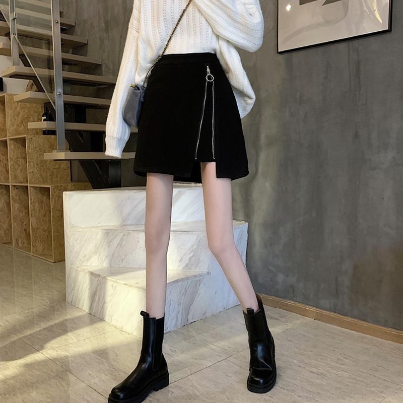 Chân váy len ngắn dáng chữ A lưng cao màu đen thời trang thu đông 2020 cho nữ